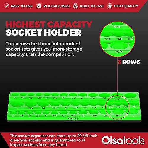 Miniatura 2 de Olsa Tools Organizador magnético de enchufes (unidad de 38 pulgadas, 3 filas)  Organizador magnético de herramientas y soporte de enchufe