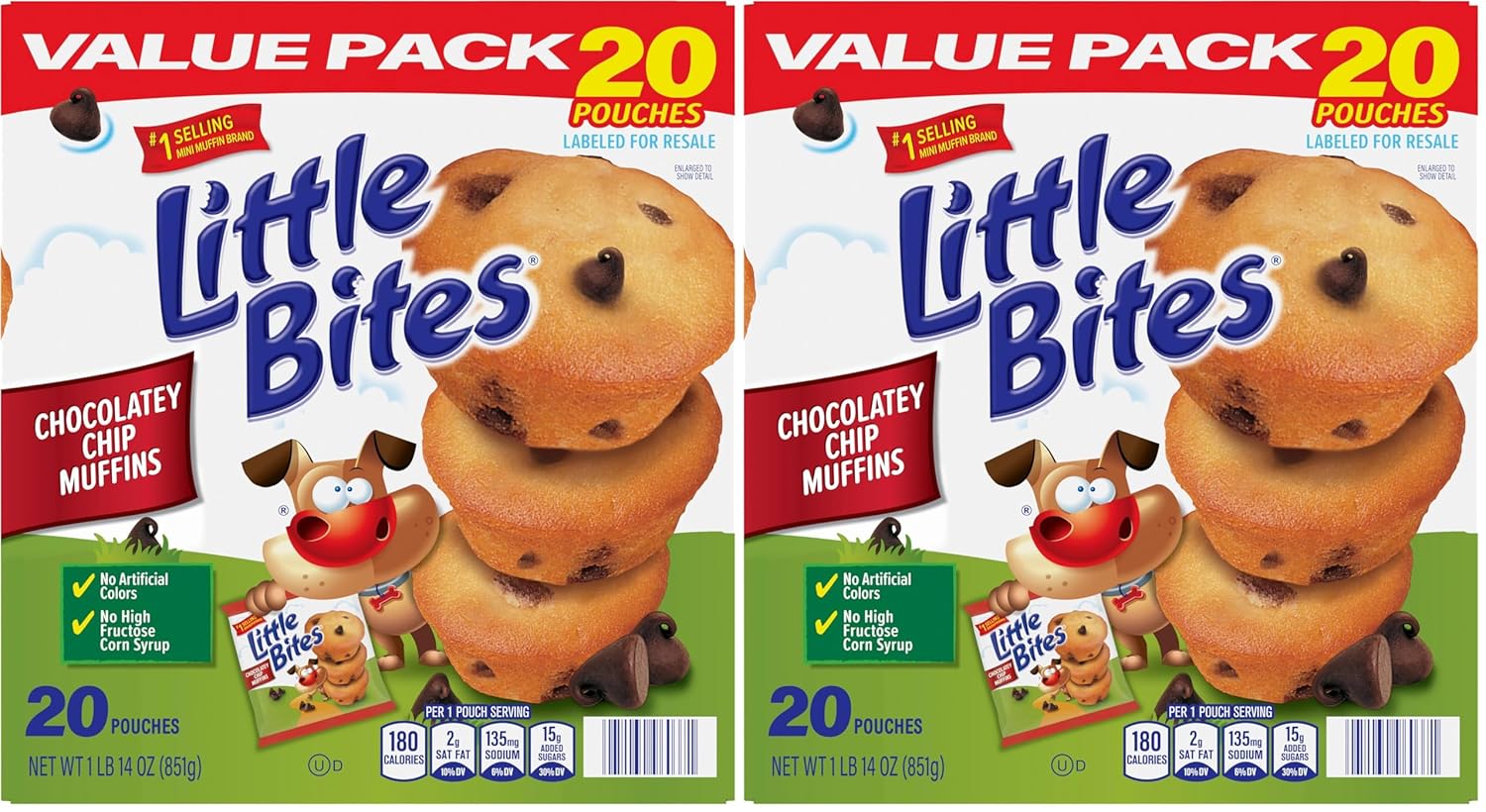 (Value Pack) Little Bites Chocolatey Chip Muffins, 20 individual packs, (1.5 oz each), Made with Real Chocolate Chip Mini Muffins, 30 oz Multipack (Pack of 2)