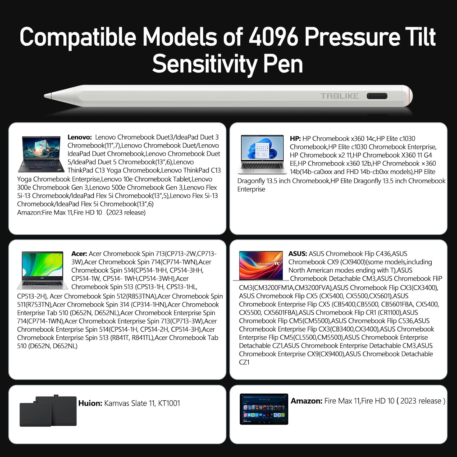 USI 2.0 Stylus for Amazon Fire Max 11 Tablet, Amazon Fire HD 10 (2023 Release), USI Chromebook Pen for Lenovo Chromebook Duet Pen, Stylus with USB-C Fast Charging, 4096 Levels Pressure