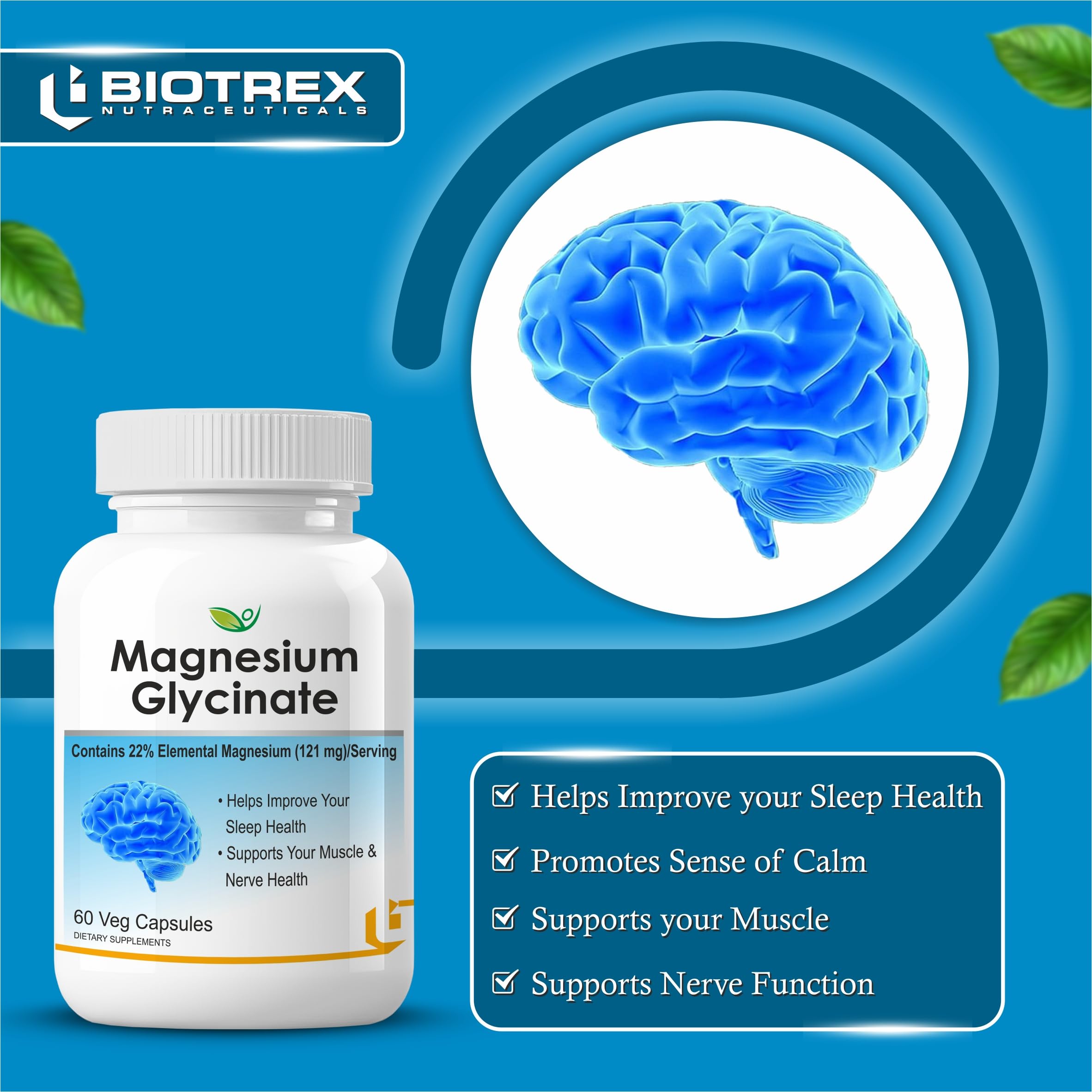 Biotrex Nutraceuticals Magnesium Glycinate | Highest Bioavailability | Cramps, Sleep & Mood balance | Chelated Form With Superior Absorption | Muscle Recovery & Nerve Function | 60 Veg Capsules — Amazon image 4