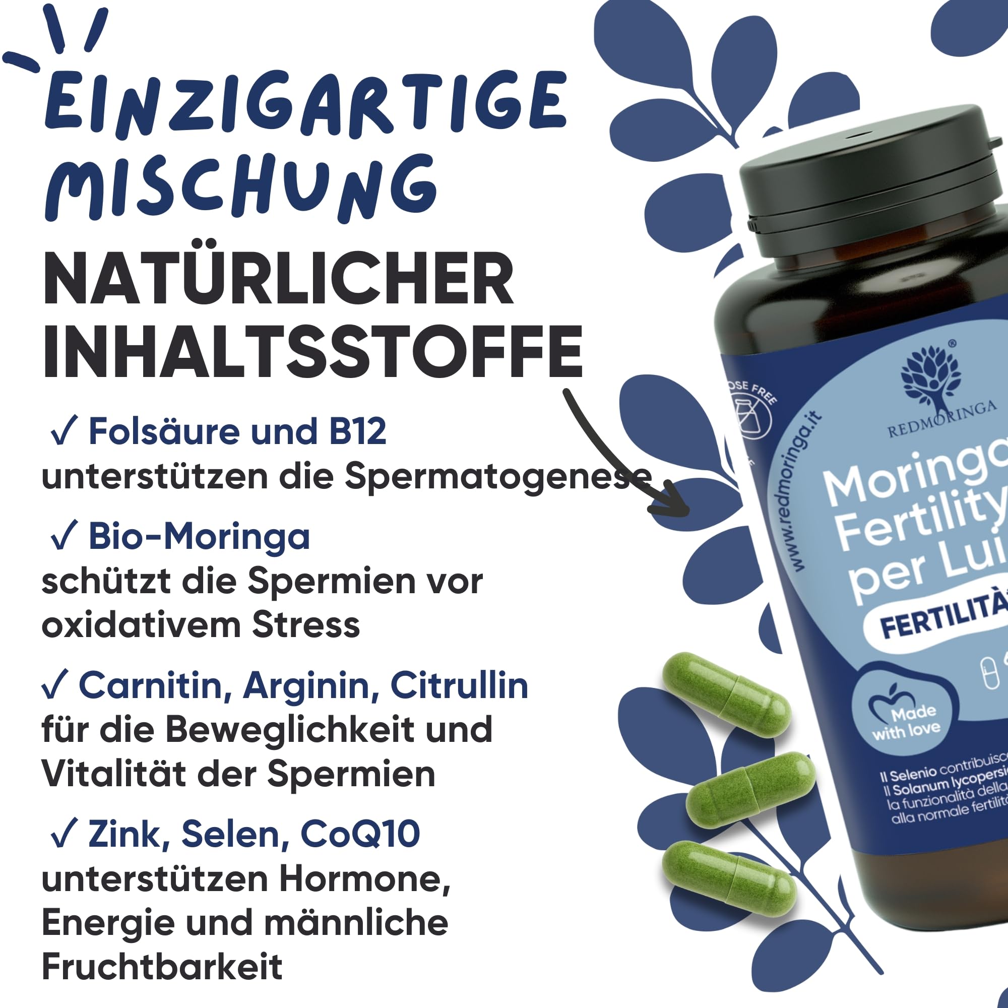 Kinderwunsch Mann Formel 180 Kapseln - Spermienqualität Verbessern mit Bio Moring, Coenzym Q10, L-Carnitin, L-Arginin, Zink, Selen - Made in Italy