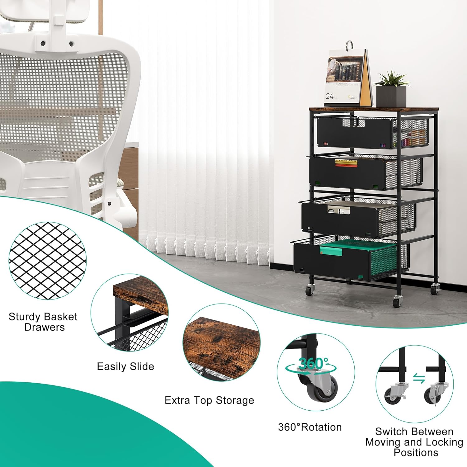 4-Drawer Storage Organizer, Under Desk Rolling File Cart with Lockable Wheels, Multi-Layer Mobile Filing Cabinet, Utility Craft Cart for Home Office,Black - Image 5