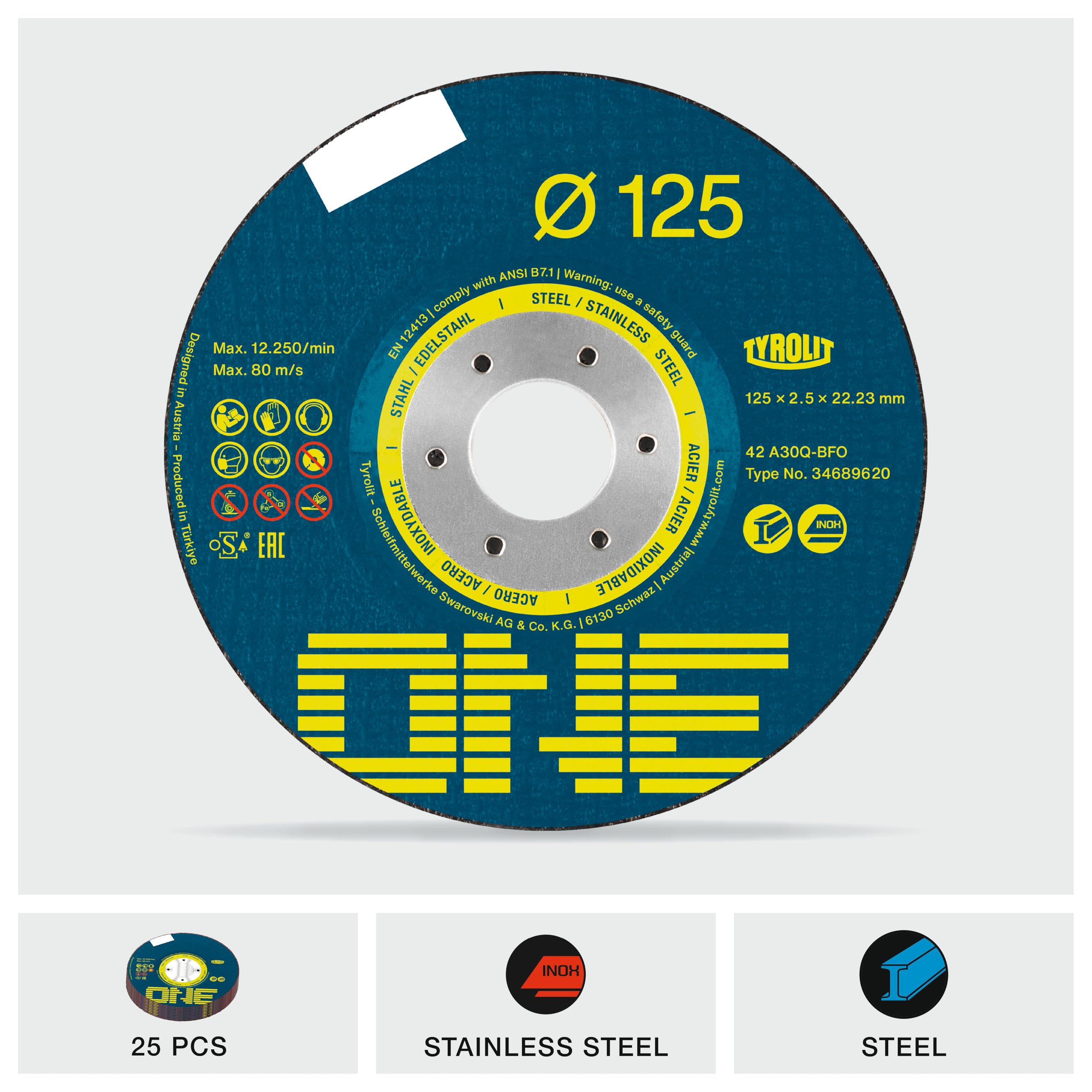 TYROLIT ONE - Dischi da taglio 2 in 1 per metallo, resistenti dischi per smerigliatrice angolare per taglio super veloce in acciaio inossidabile, 125 mm x 2,5 mm x 22,23 mm, confezione da 25