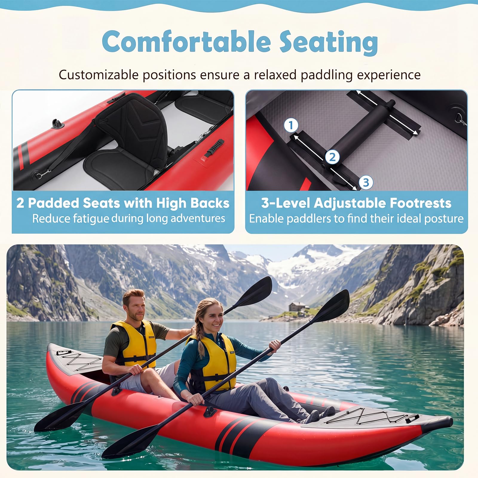GYMAX Kayak Inflable, Kayak tándem de 12.5 pies y 230 kg con 2 paletas de Aluminio, 2 Asientos Acolchados, reposapiés, 2 Aletas, Bomba de Mano, Bolsa de Transporte y Kit de reparación, Kayak de Pesca
