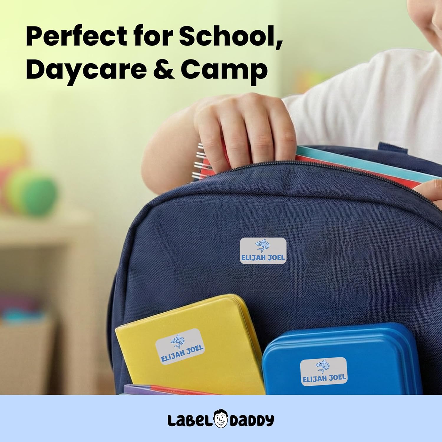 Label Daddy Personalized Waterproof Name Extra Small Labels for Boys – Custom Kid's Labels for School & Camp – No Iron Needed – Durable for Bottles, Backpacks, Shoes & More – 75 Ct | Shark Design