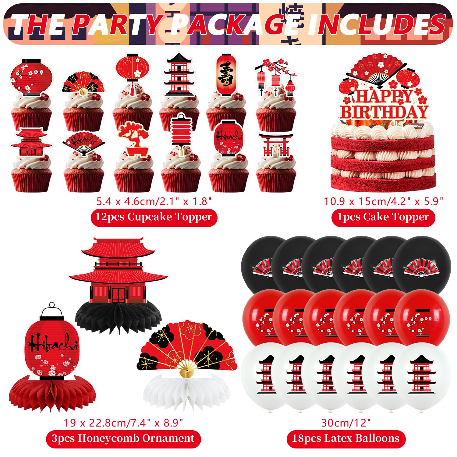 Decorazioni per feste Hibachi, forniture per feste di compleanno giapponesi Hibachi includono striscione di buon compleanno, decorazioni per torte, centrotavola a nido d'ape, tovaglia e palloncini per