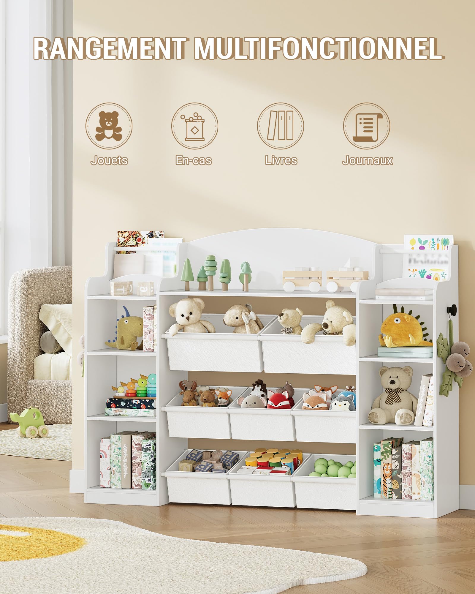Hzuaneri Bibavecliothèque pour Enfants, étagère en Bois, étagère à Jouets 8 boîtes en Non-tissé pour Chambre d'enfant, Salon, Bureau Blanc 30 x 140 x 104 cm KB43003W