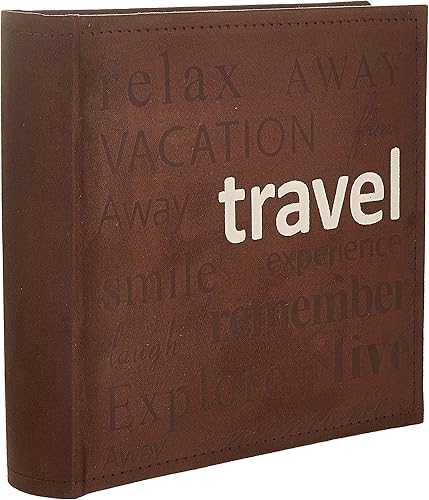 Pioneer - Álbum de fotos de gamuza sintética cosido, diseño de texto de viaje, color marrón