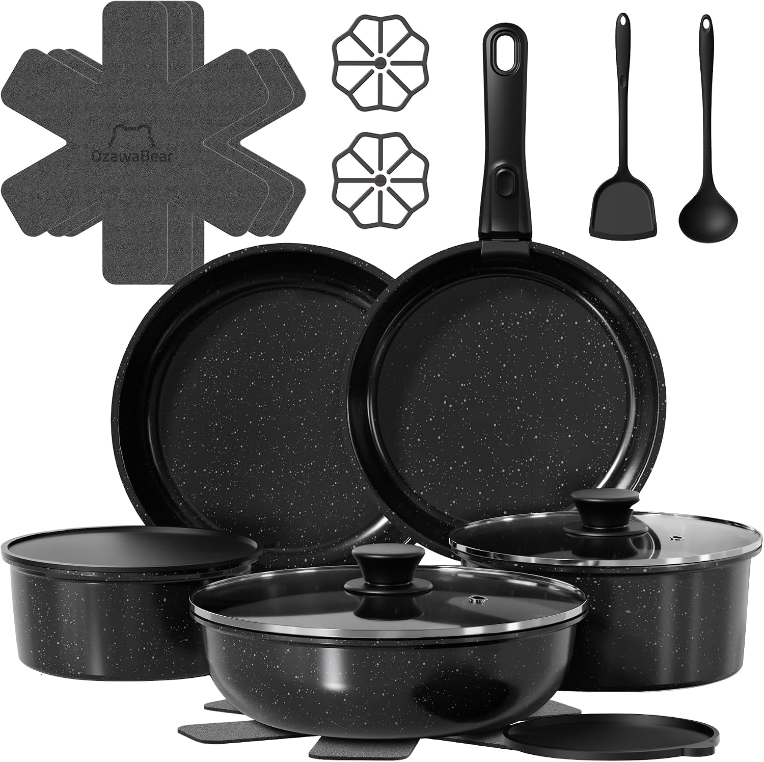 18 Pcs Pots and Pans Set Non Stick, Ceramic Cookware Set Non Toxic with Detachable Handles, Healthy Induction Cookware Oven Safe RV Kitchen Set, PFAS PFOA & PTFE Free, Black