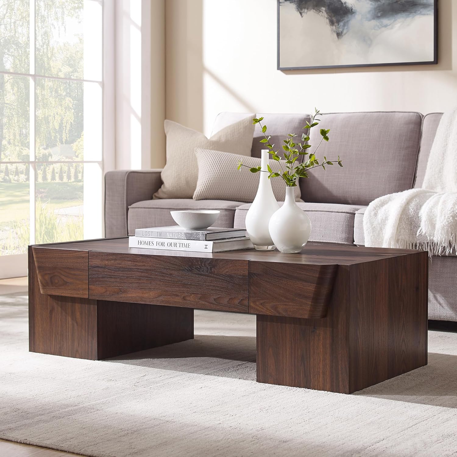 JXQTLINGMU 47" Modern Coffee Table with Storage, Wood Large Coffee Table with Drawer, Rectangle Center Table for Living Room, Natural Oak