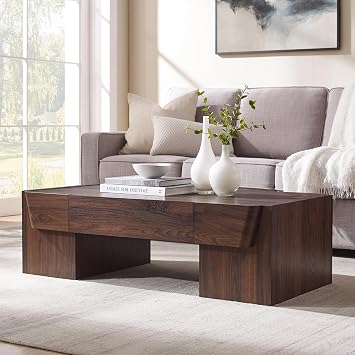JXQTLINGMU 47" Modern Coffee Table with Storage, Wood Large Coffee Table with Drawer, Rectangle Center Table for Living Room, Brown
