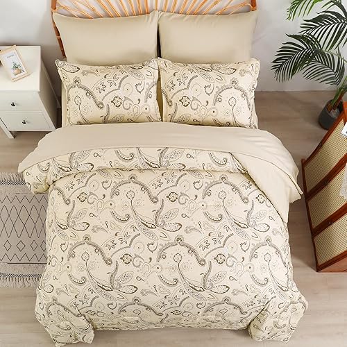 Miniatura 3 de Juego de edredón de cachemira tamaño Queen, 7 piezas de cama en una bolsa, edredón beige bohemio con estampado de cachemira, juego de ropa de cama