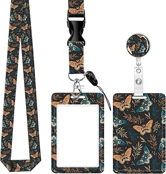 ID Badge Holder with Retractable Badge Reel Clip and Lanyard, Cute Card Name Tag Lanyard Vertical ID Protector Bage Clips for Nurse Doctor Teacher Student - Butterfly