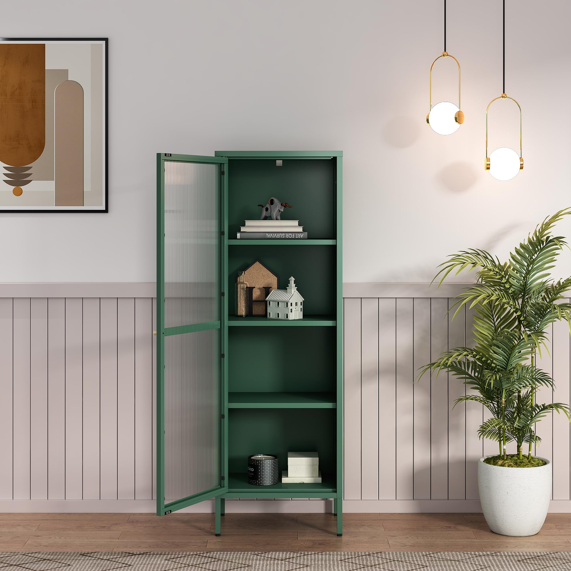 [en.casa] Vitrinenschrank Säkylä Bücherschrank mit 4 Ablagen 150 x 50 x 35 cm Küchenschrank mit 1 Tür Mehrzweckschrank Vitrine Metallschrank Tannengrün