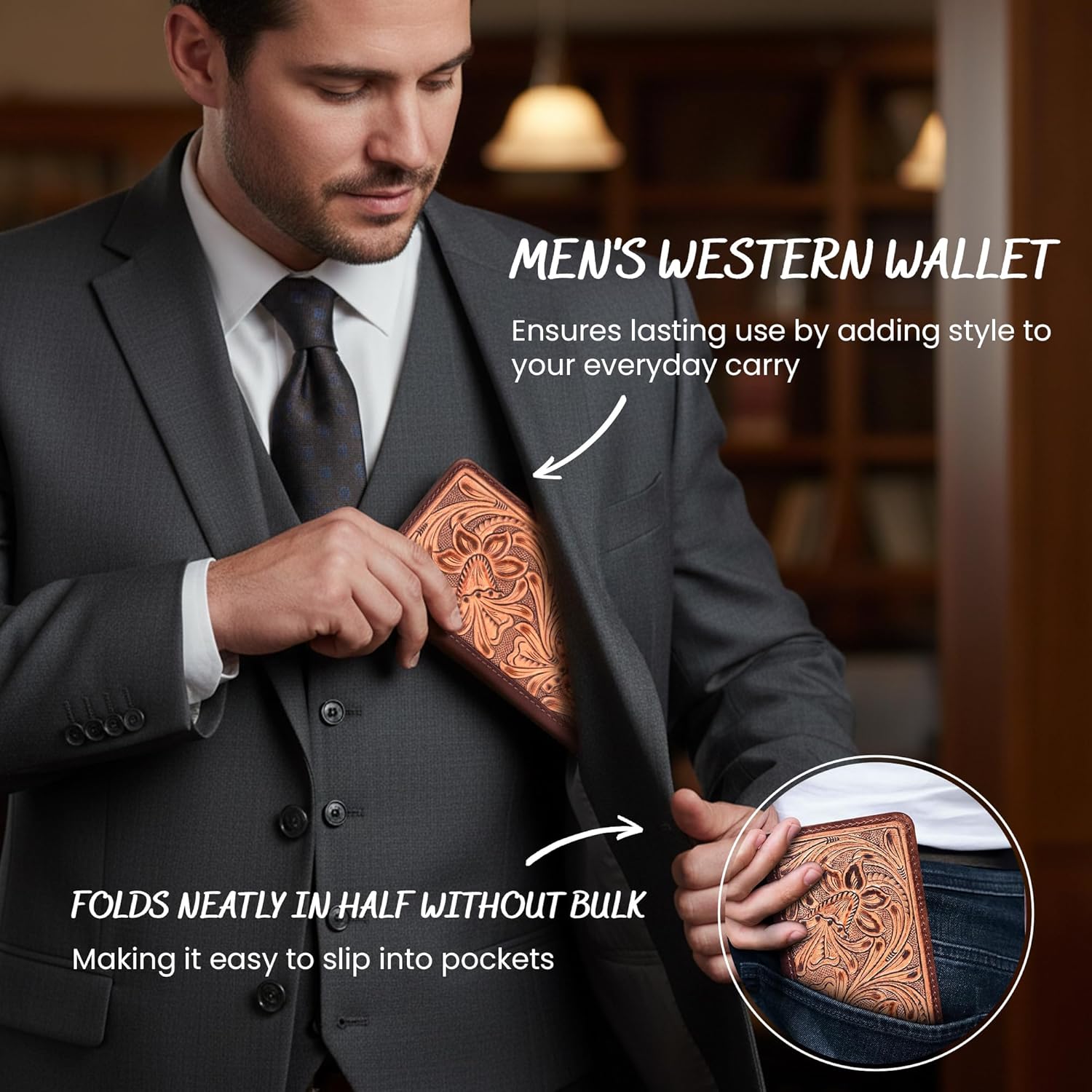 Full-Grain Buffalo Leather Floral Tooled Long Bifold Wallet - Sleek RFID-Blocking Vertical Wallet - Men's Bifold Wallets w/ 8 Slots, 2 Long Side Pockets, and Sleeve for Birthday, Christmas, and More - Image 6