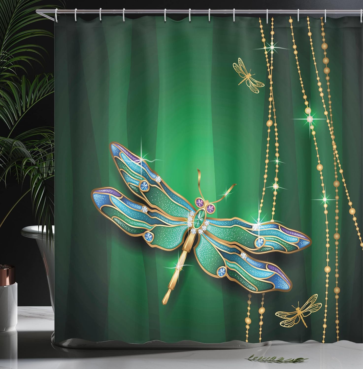 Ambesonne Dragonfly Shower Curtain, Vivids in Gemstone Crystal Diamond Shapes Graphic Effects, Cloth Fabric Bathroom Decor Set with Hooks, 69" W x 70" L, Emerald Multicolor