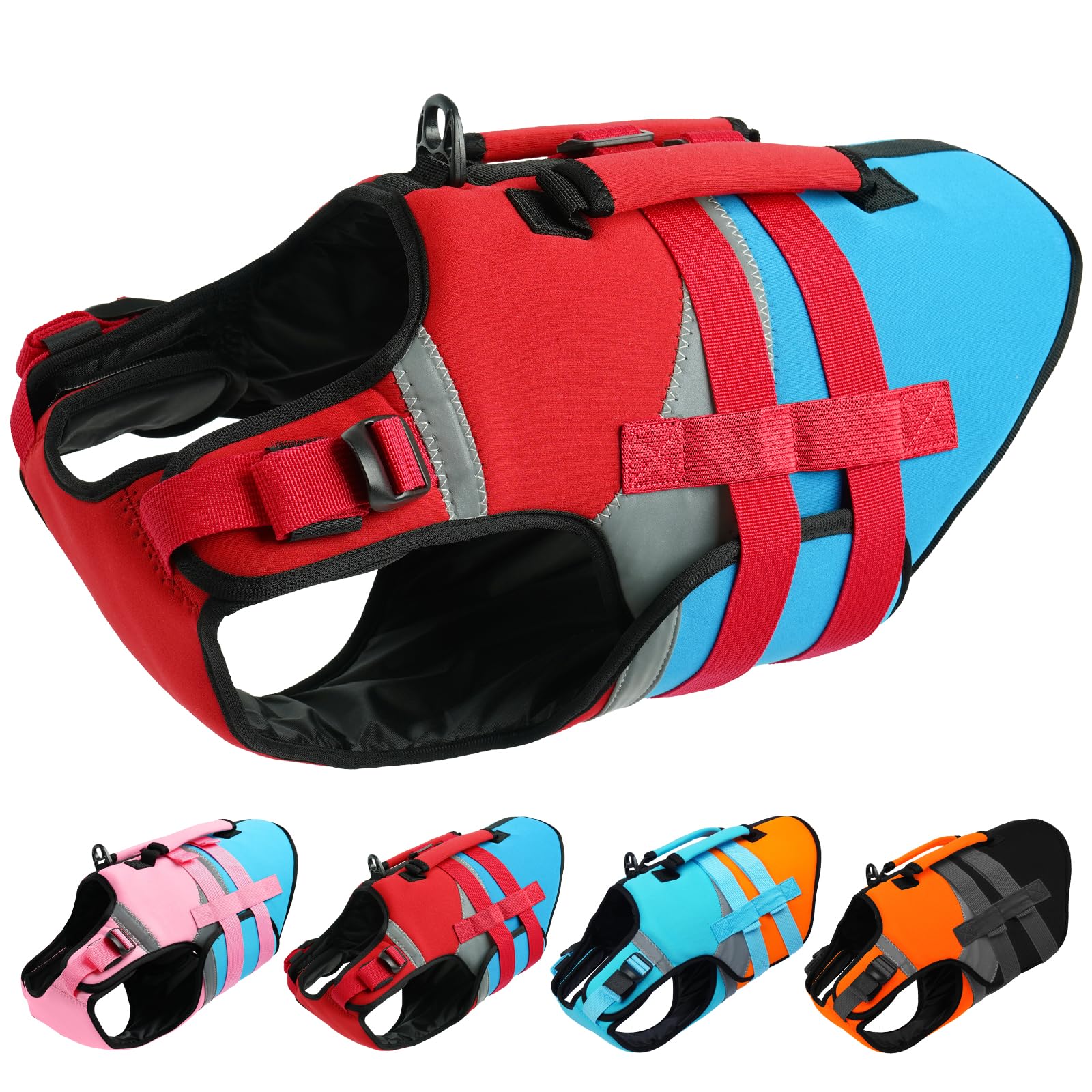 Photo 1 of Kuoser Dog Life Jacket with Rescue Handle, High Flotation Dogs Swim Vest with Reflective Strips,Adjustable Dog Life Vest for Swimming, Boating, Pool&Beach, Doggy Lifejacket for Small Medium Large Dogs