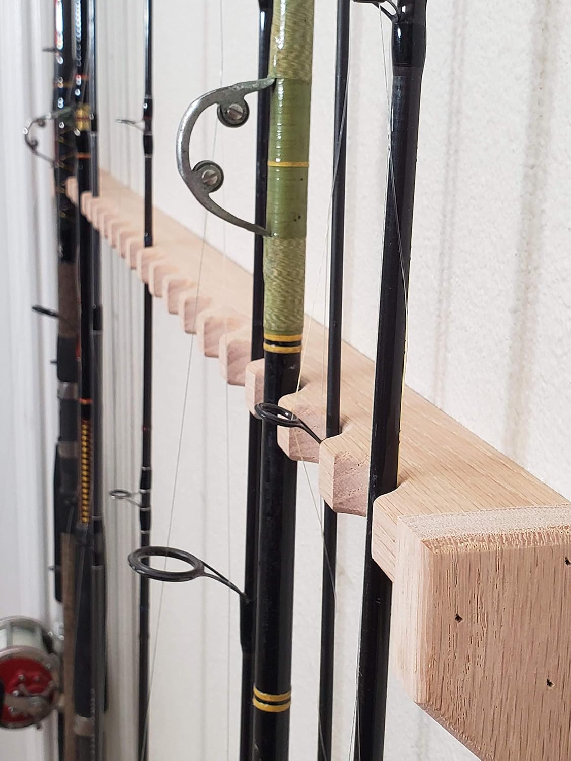 Rod Rack, Wall Mount Fishing Pole Holder, Unfinished Solid Red Oak Wood, 46 Inch, 22 Rod Max Capacity