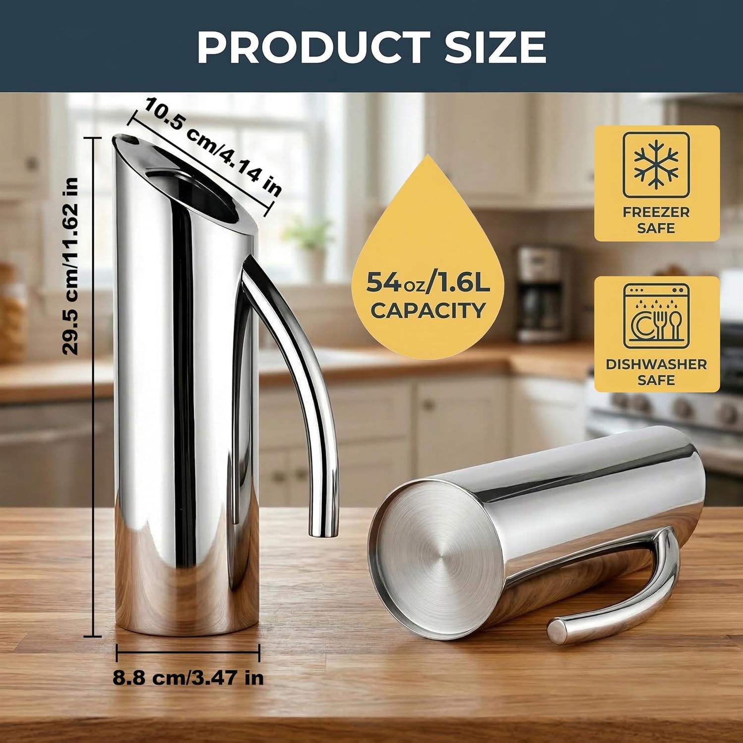 2 Pack Stainless Steel Water Pitchers 54 oz / 1.6 L, Silver Angled Spout Metal Pitcher with Ice Guard and Handle, Polished Drink Carafe Jug for Water, Beer, Tea, Juice, Coffee, Milk