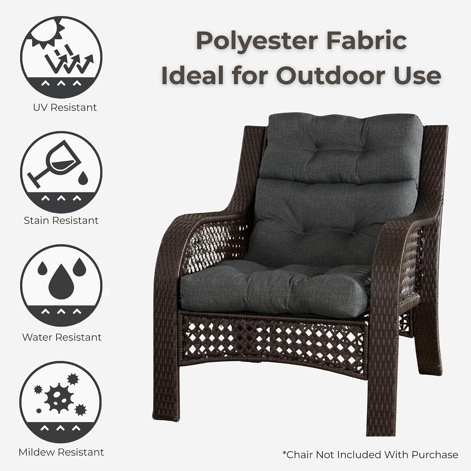 Outdoor Tufted High-Back Chair Cushions, One-Piece Hinged Seat and Back Design, Reversible with 4 Ties, Durable Polyester Fabric, Recycled Fiber Fill - Set of 2, Carbon