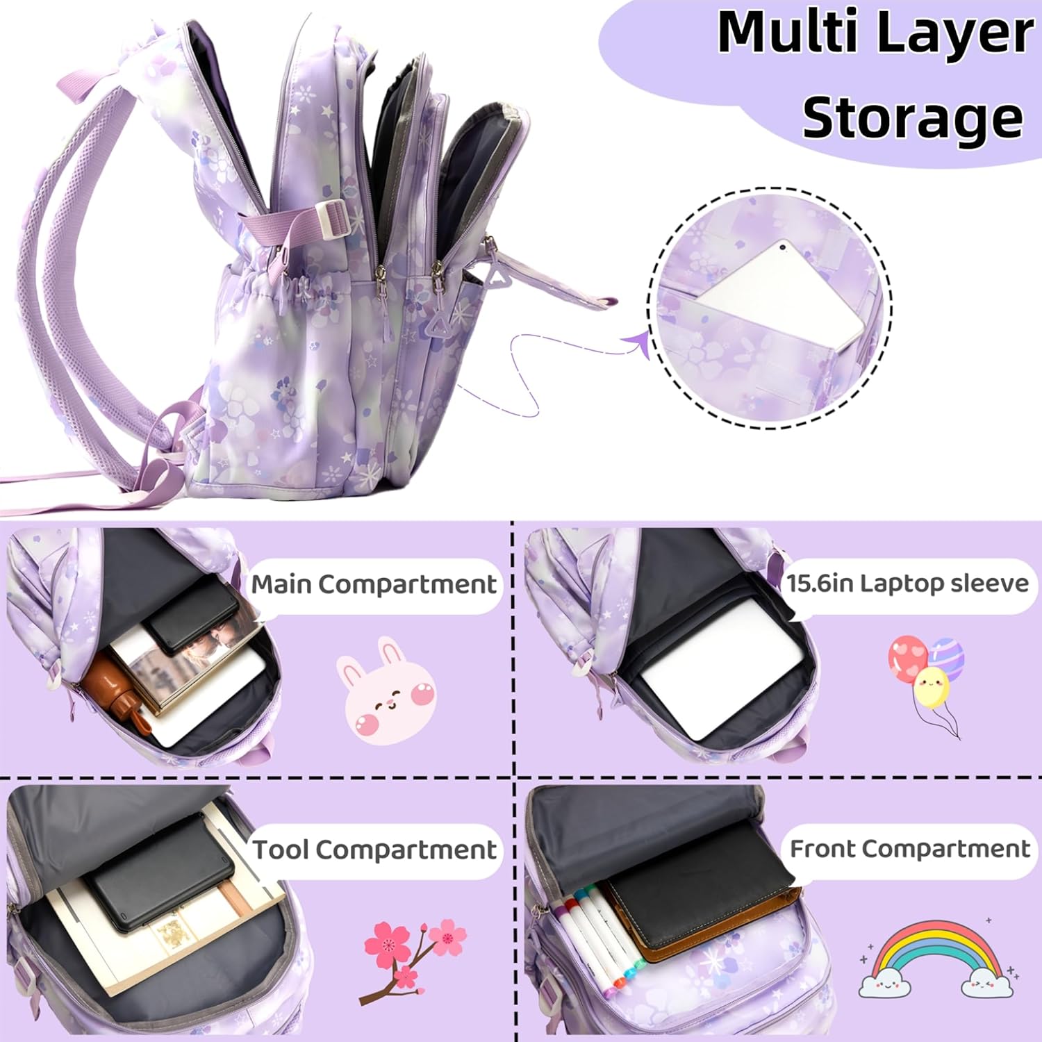 Kids Backpack for Girls Flower schoolbag with Lunch Bag & Pen Case Waterproof Girl Bookbag for Elementary school(purple) - Image 4