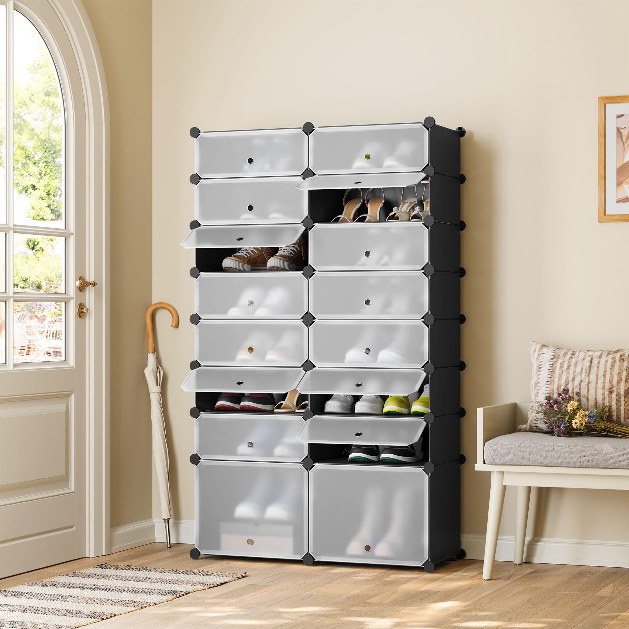 YIHATA Scarpiera Modulare 2x8 Livelli – 32 Paia Di Scarpe Con Sportello Trasparente, Bianco
