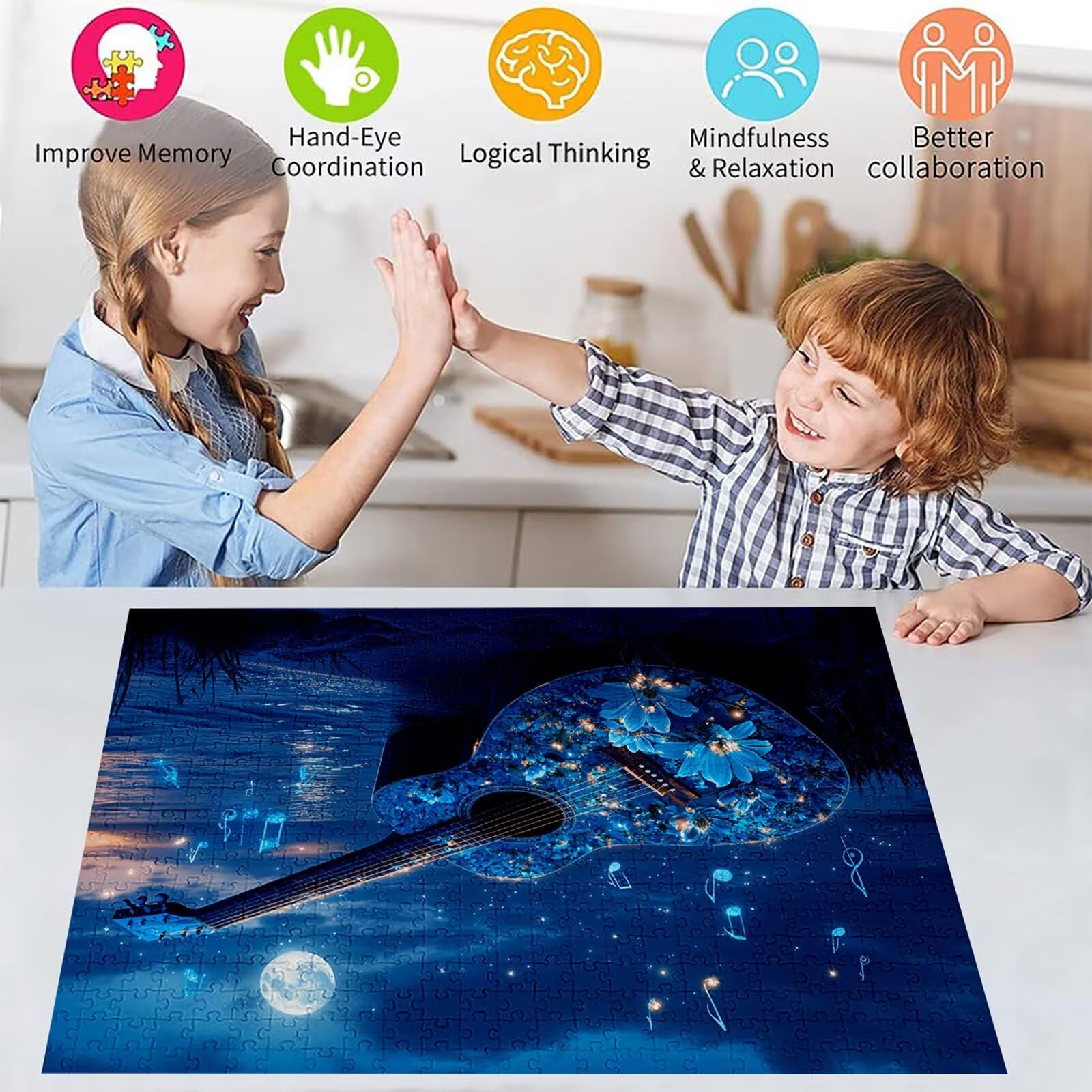 Puzzle 2000 elementów gitara dla dorosłych księżyc 100 x 70 cm unikalne rzemiosło klasyczne 3D drewniana układanka do rodzinnych gier aktywnych, układanka do samodzielnego wykonania nawet do dekoracji