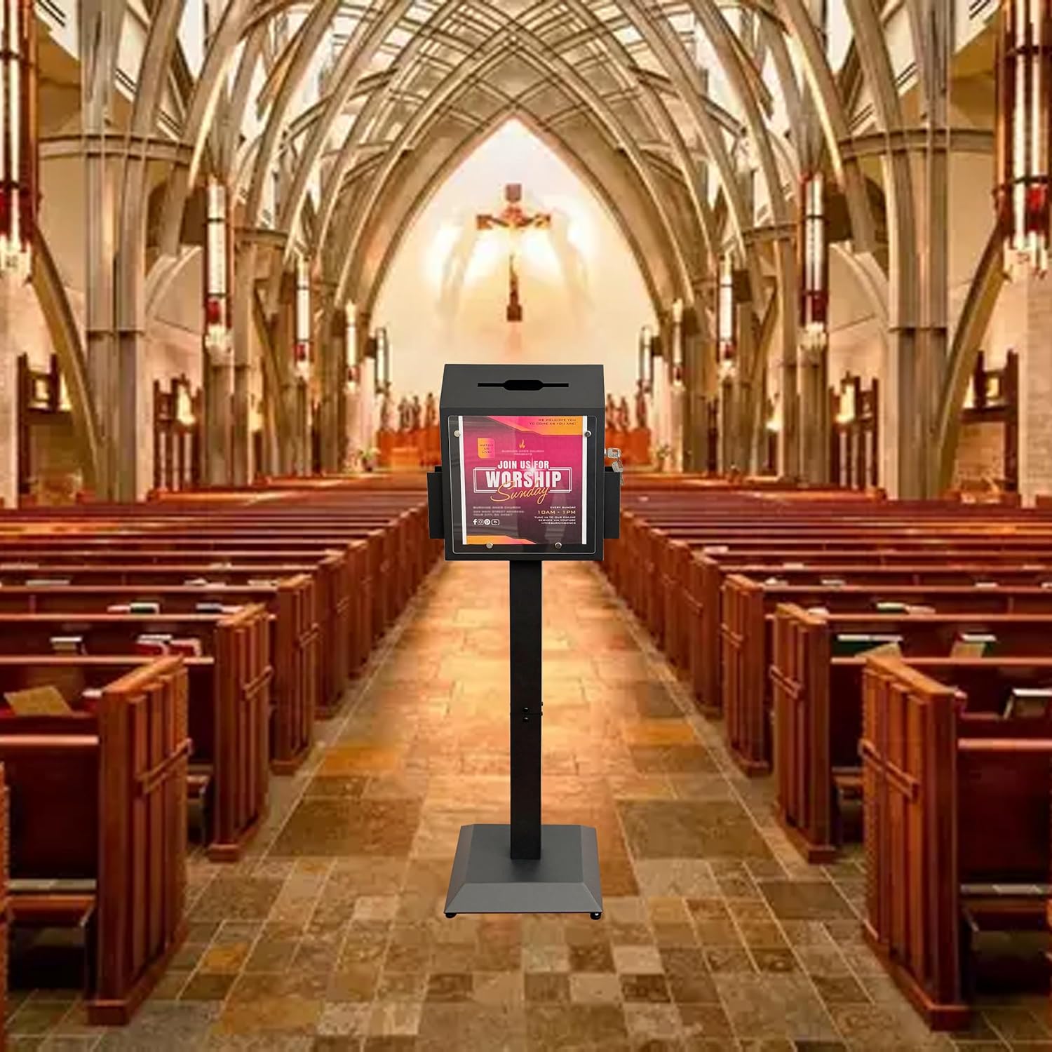 Floor-Standing Offering Boxes with Lock and Keys, Suggestion Box with Stand, Heavy-Duty Metal Suggestion & Donation Organizer for Church, Voting, and Fundraising, Black