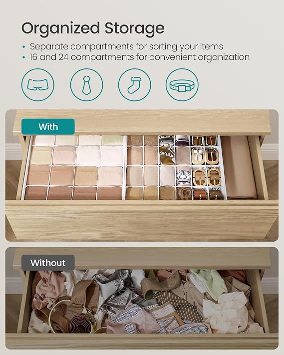 SONGMICS 4 Pack Sock Organizers, Foldable Dividers, 80 Cells (2x16+2x24)