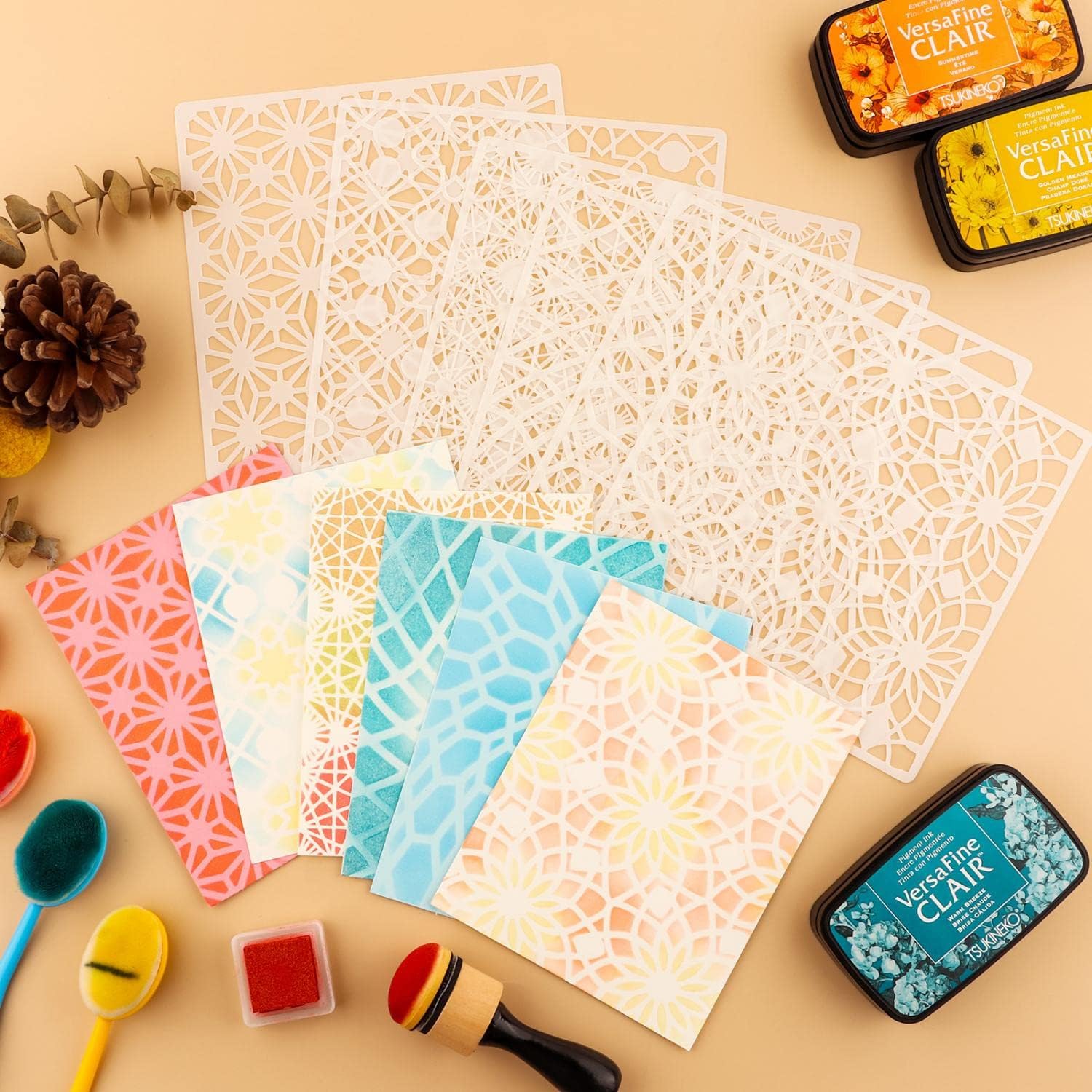 BAOFALI 49Pcs/Set (6 x 6 Inch) Bubbles Dots Floral Flourish Plastic Stencils and Low Stick Mat Blending Buddy Tool Set for DIY Card Painting On Wood, Wall, Fabric, Rock, Chalkboard…