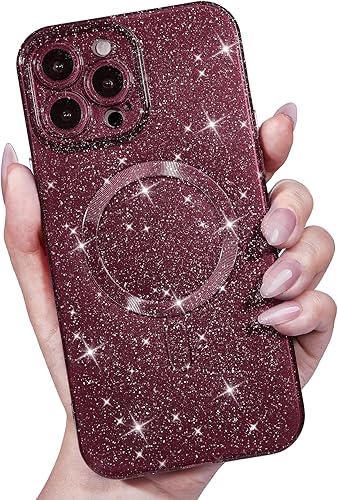 Miniatura 13 de Funda para iPhone 15 Pro con purpurina compatible con Magsafe, funda magnética Mag Safe para teléfono femenina, linda, brillante y bonita para Rosa