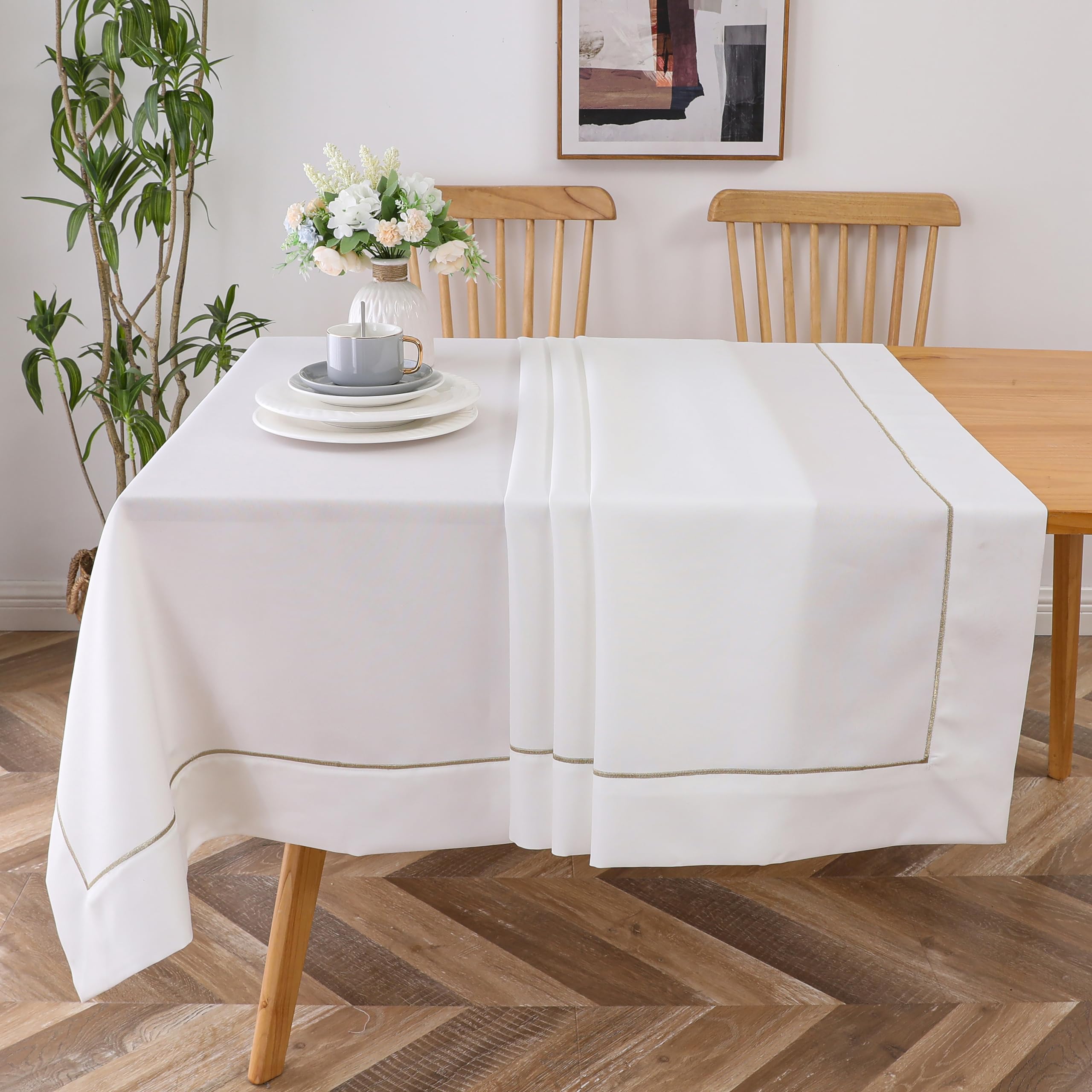 Majestic GiftwareLinen Look Polyester Tablecloths for Rectangle Tables | (70/200) - TC1552 White Light Gold Trim Design Etched at Seam Table Cover | Washable Tablecloth for Kitchen & Dining