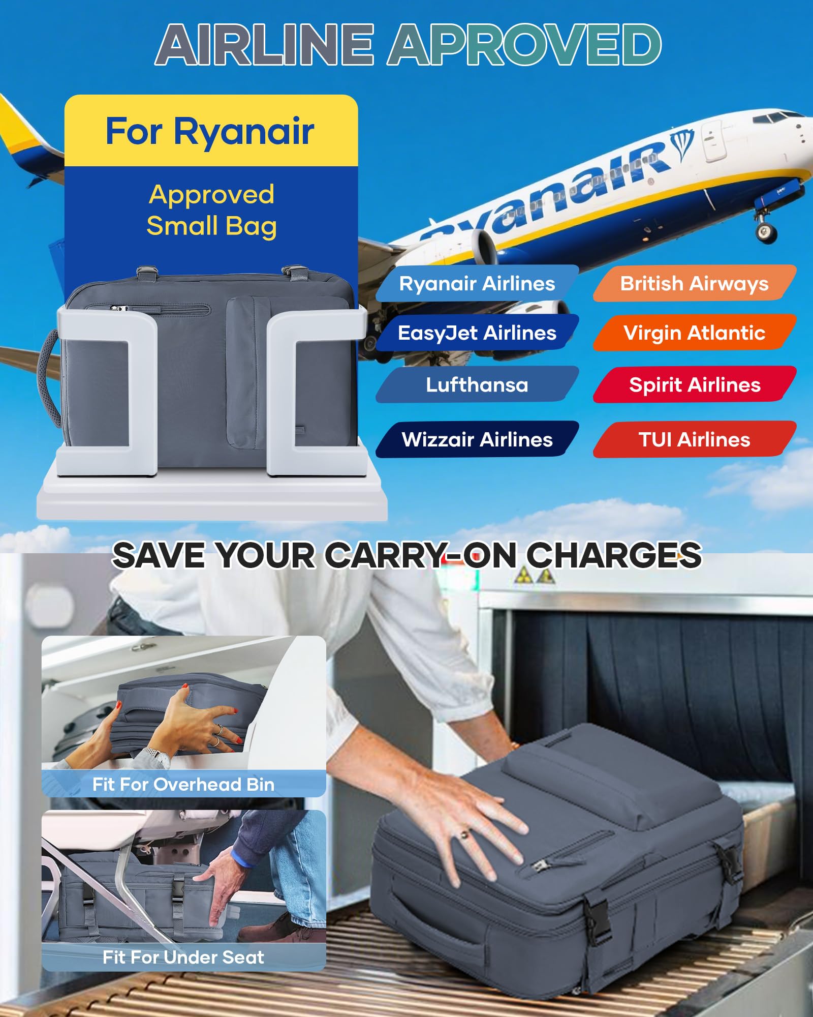 SZLX Zaino Ryanair 40x30x20 Sottovuoto Bagaglio a Mano 40x20x25 Donna Zaino da Viaggio 40x30x20 Wizzair Borse da Cabina per Easyjet 45x36x20 Uomo per Laptop 14 Pollici con Porta USB e Porta Scarpe