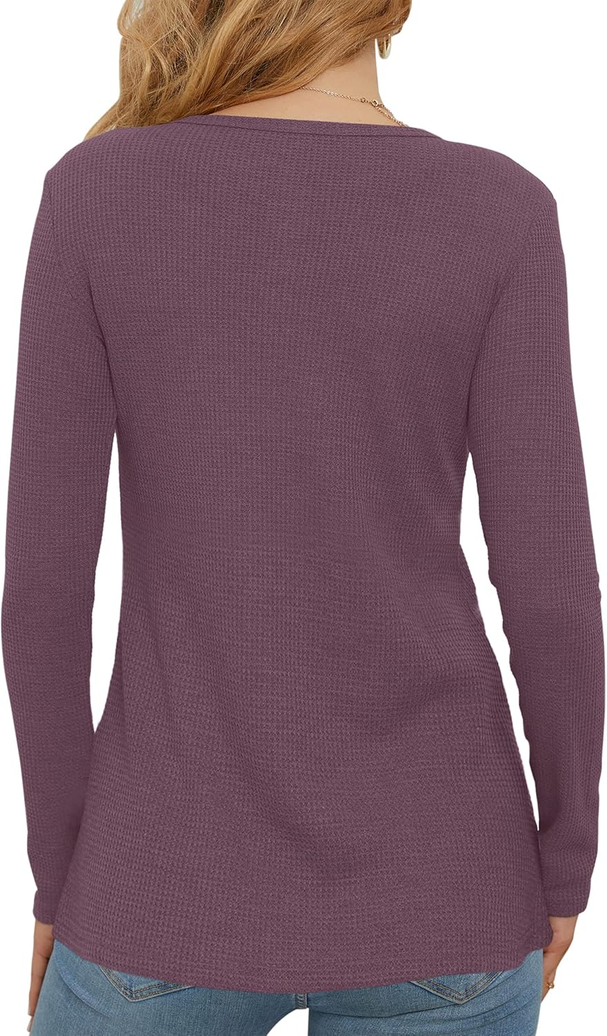 WNEEDU Women's Waffle Knit Tops Casual Long Sleeve Blouses Slim Fit Button Down V Neck Henley Shirt - Image 4