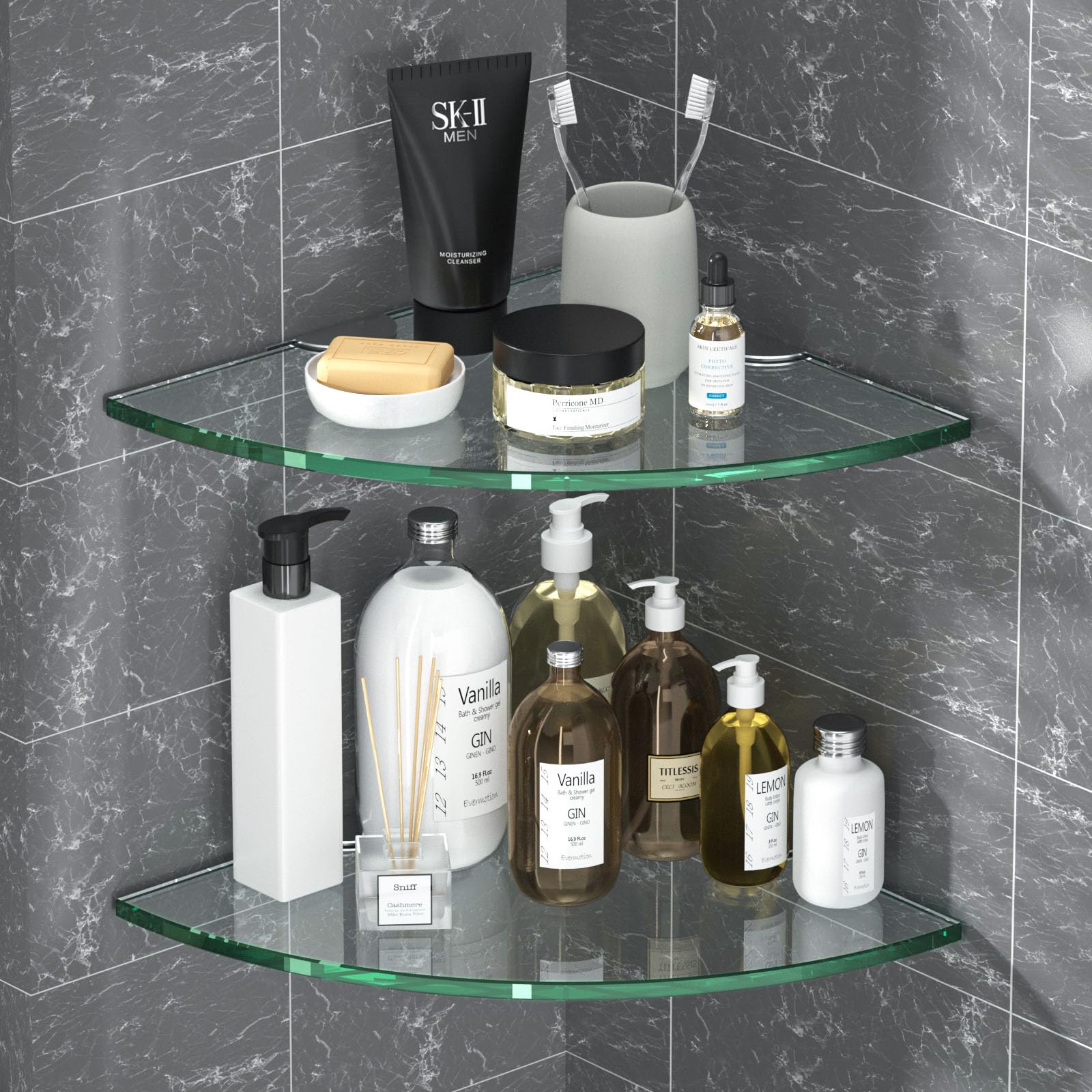 Corner Glass Shower Caddy 2 Pack 8MM-Thick Tempered Glass Shelf No Drilling Wall Mount Corner Mounted Shelves Space Saver Adhesive Bathroom Home Shelf