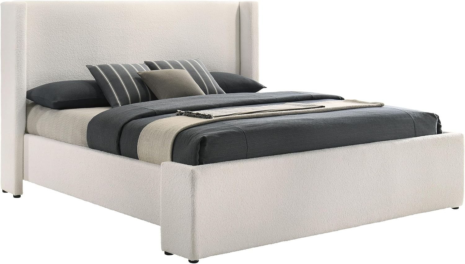Coaster Home Furnishings - Alamosa - Wood - Boucle Upholstered Bed with Tall Headboard, Wingback Design and Low Footboard - Bedroom - Eastern King Size - White - 310078KE