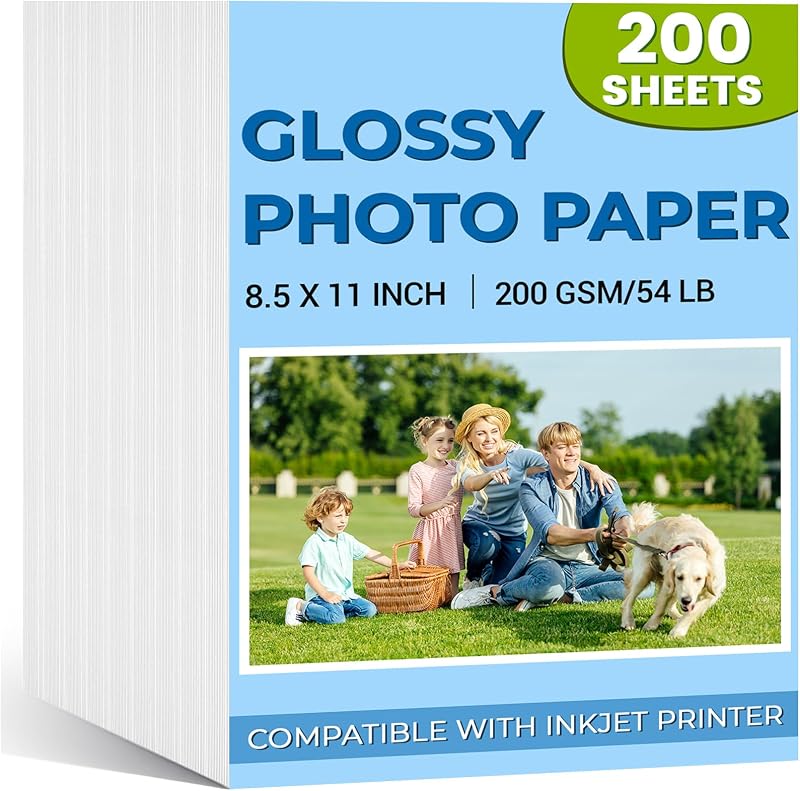 200 Sheets Glossy Photo Paper 8.5x11, 200GSM/54LB Inkjet Glossy Photo Paper | White Photo Printer Paper, Compatible with Lnkjet Printer Use Dye Ink, Picture Paper for Brochures, Cards, Flyers, Calendars