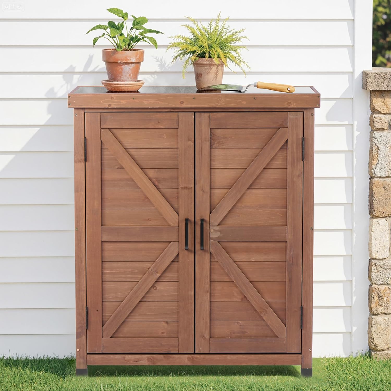 36” Height K-Style Outdoor Potting Bench with Storage Cabinet and Metal Table Top Outdoor Work Station Table