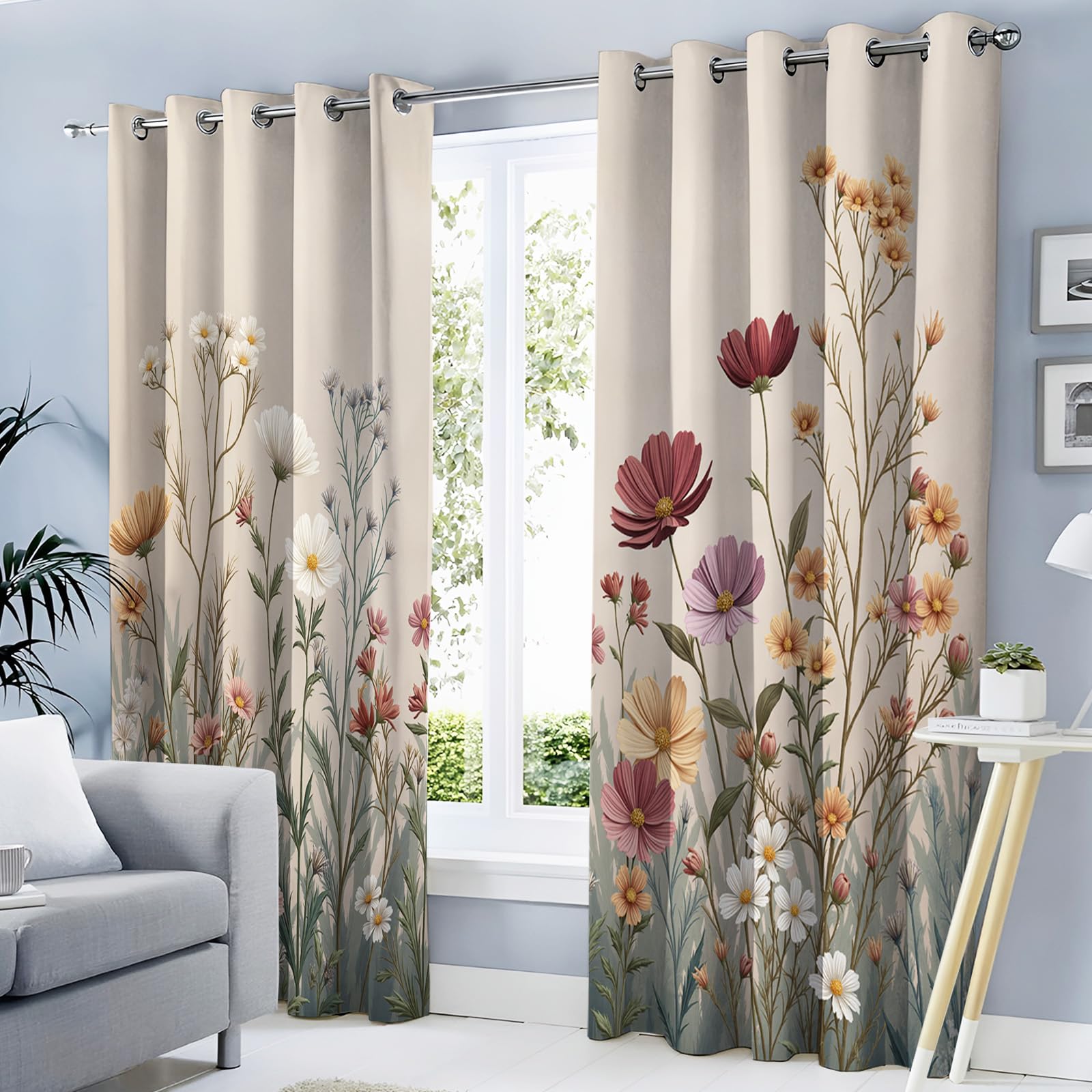 Cortinas Estampadas con Flores Silvestres Ilustración Dibujada A Mano de Salon Modernas 2 Piezas 140x245cm Cortinas Opacas para Dormitorio Habitacion con Ojales