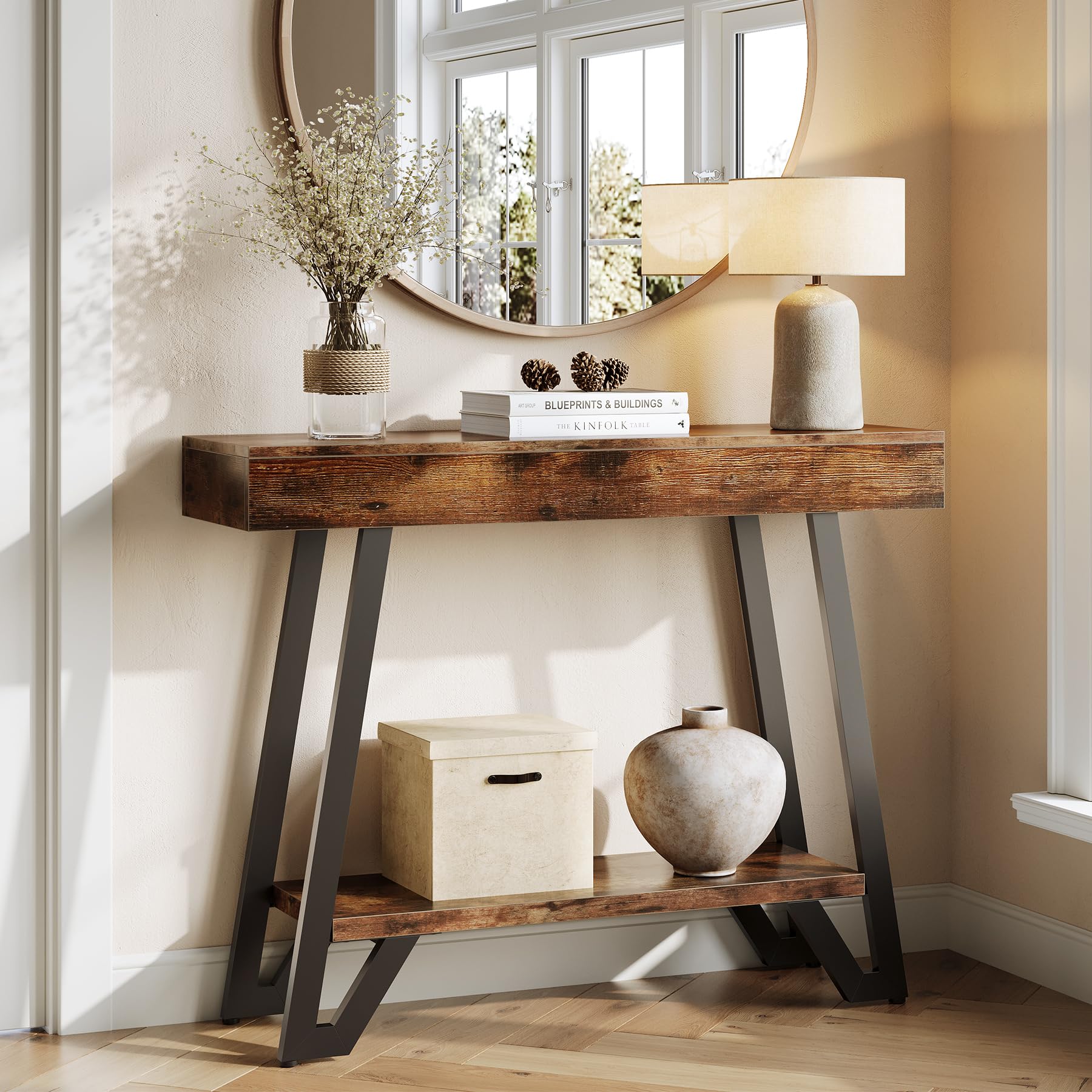 LITTLE TREE 41-Inch Console Table with Geometric Metal Frame, Rustic Brown, Entryway Tables, Storage Shelves, 2-Tier, Industrial, Hallway Sofa Table,