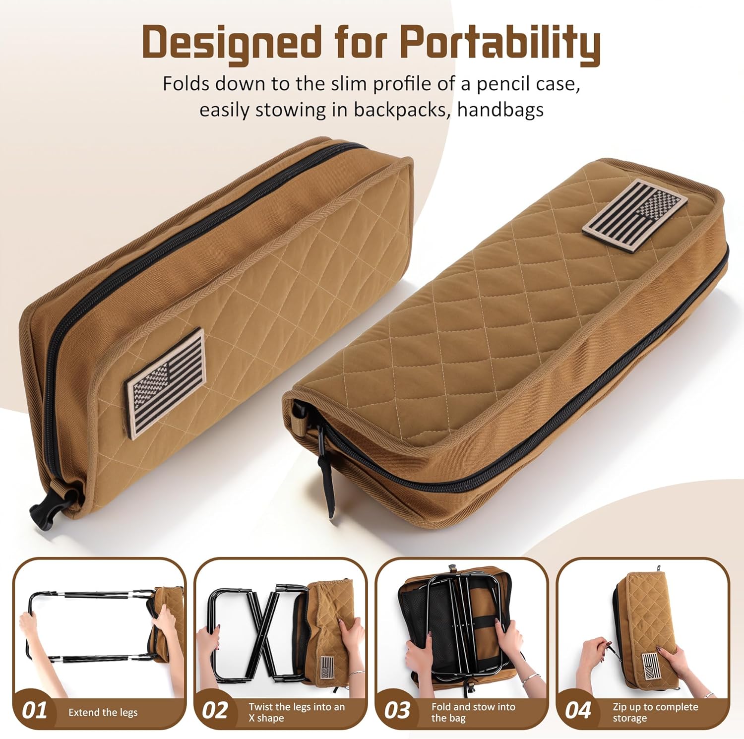 LiKiLiKi Extra Large Foldable Backpack Stool, Heavy Duty Thickened Collapsible Portable Pocket Chair, Compact Pocket Size Travel Seat for Hiking, Fishing, Picnic and Outdoor Activities (Brown)