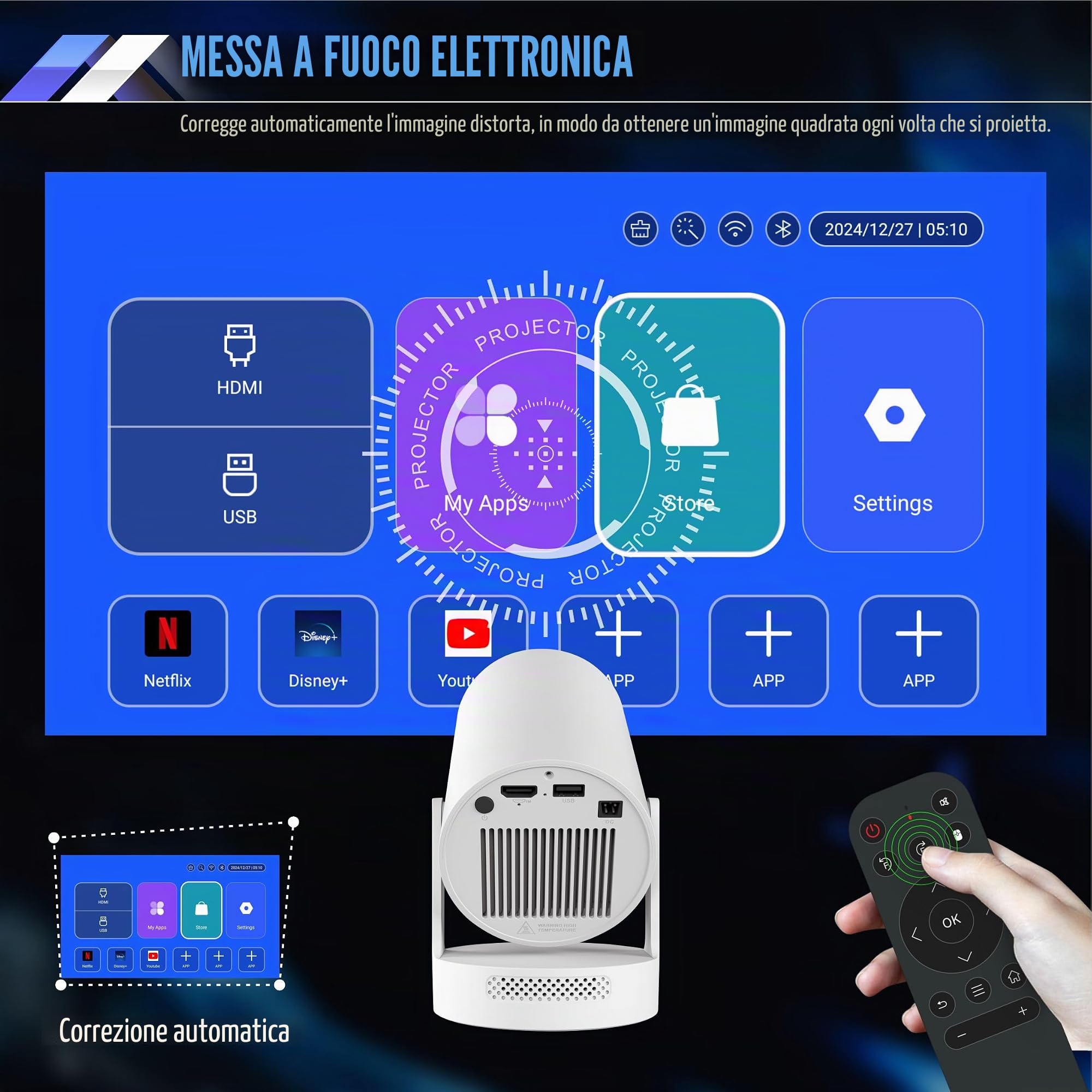 Proiettore video 2025 Upgraded Proiettore con WiFi 6 e BT 5.4 Mini proiettore 10000 lumen Supporta 4K 1080P Auto Keystone Compatibile con HDMI/TV Stick Laptop Electric Focus (RTR300)