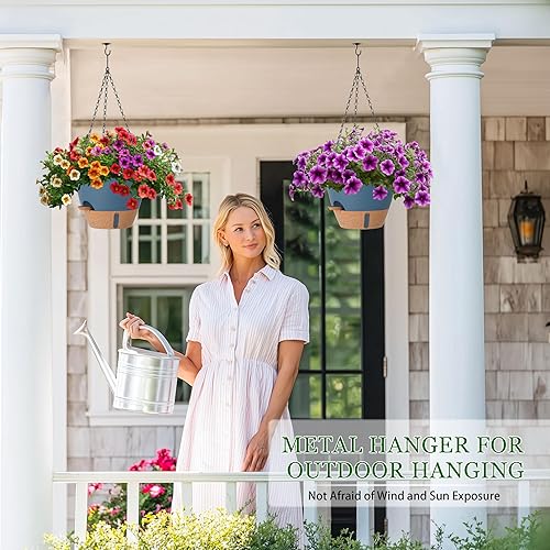 Miniatura 9 de Maceta colgante de riego automático de 10 pulgadas, paquete de 2 cestas colgantes para plantas, macetas colgantes con orificio de drenaje y 2 tipos