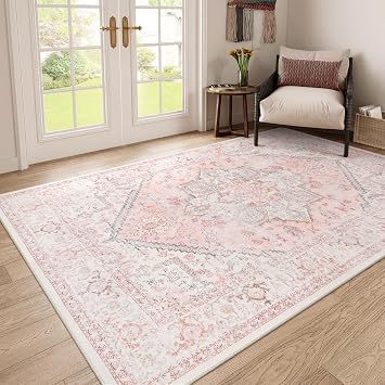 Pink Area Rug 120x180cm4 6ft Large Oriental Floral Living Room Rugs, Washable Vintage Medallion Rug, Soft Non-Slip Low-Pile Carpet for Girl Room Bedroom Under Dining Table Entryway