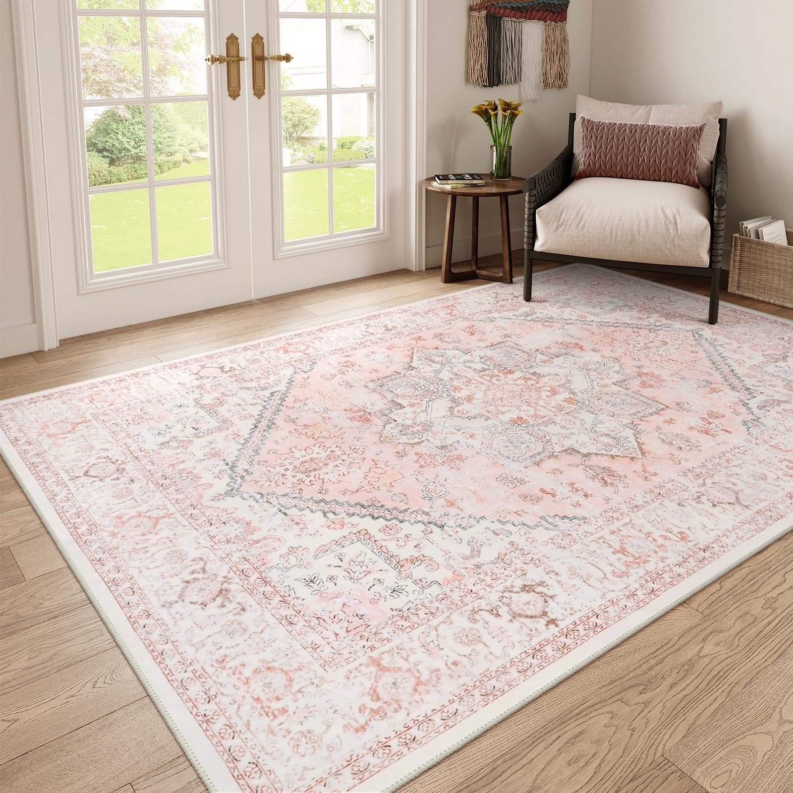 Tapis lavable doux de 170x240 cm antidérapant avec motif vintage médaillon