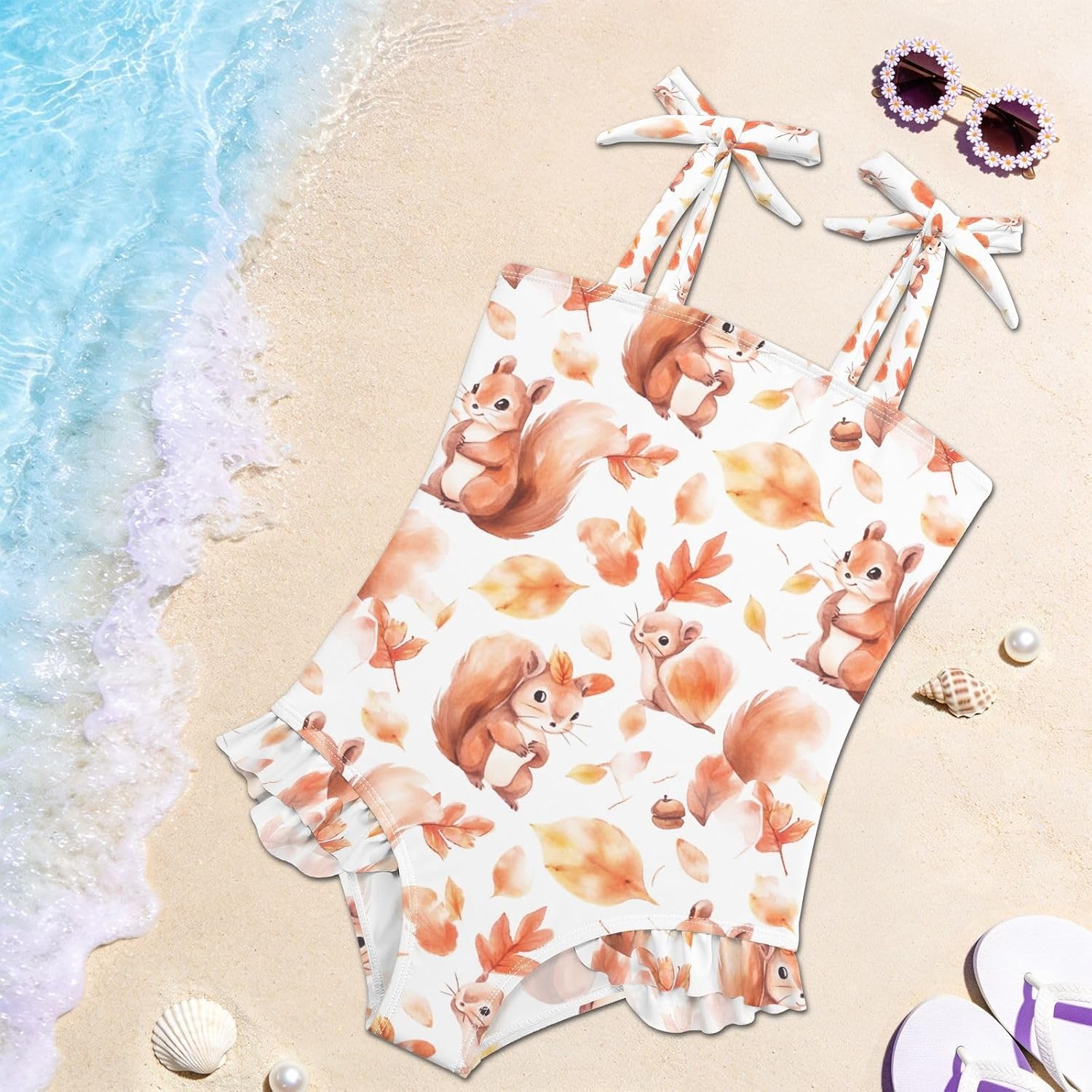 visesunny Toddler Girl Swimsuit Adjustable Strap Swimwear Watercolor Cute Squirrel Bathing Suits for Girls 18M-6Y