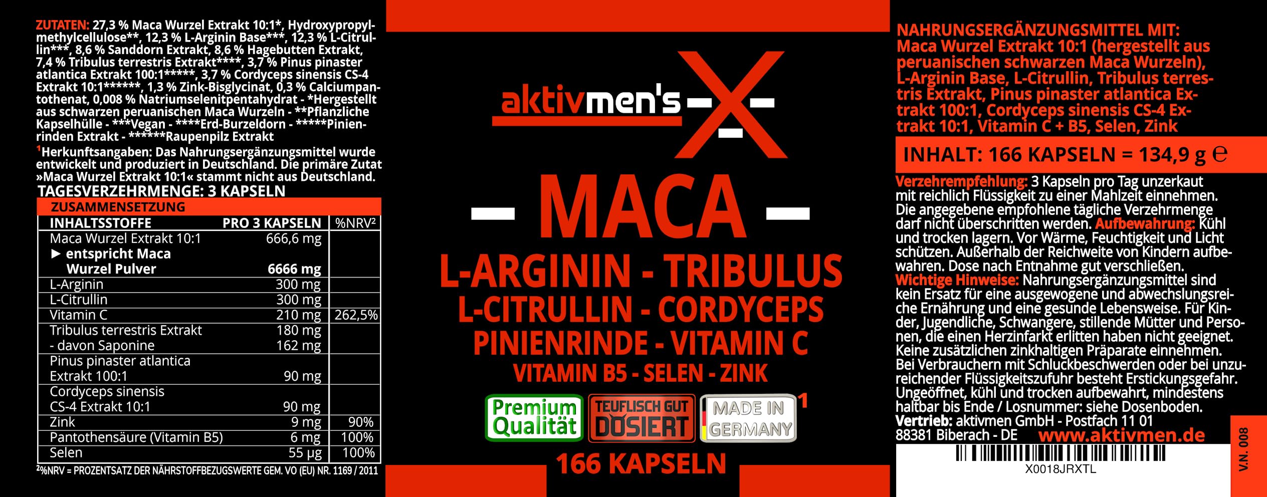 aktivmen's X MACA SCHWARZ - teuflisch gut dosiert - 166 Kapseln + L-Arginin, L-Citrullin, Cordyceps, Tribulus, Pinienrinden Extrakt, Selen, Vitamin C + B5, Zink, 1 Dose (1x134.9g)