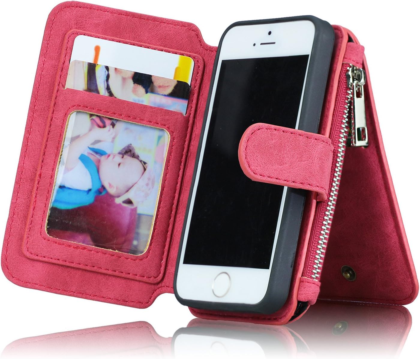 For iPhone 5/5s 5se Wallet Case, MEGSHI Premium Zipper Wallet Leather Detachable Magnetic Case Purse Clutch Removable Case Card Slots Flip Credit Cover for iPhone 5/5s 5se 4 inch (Red)