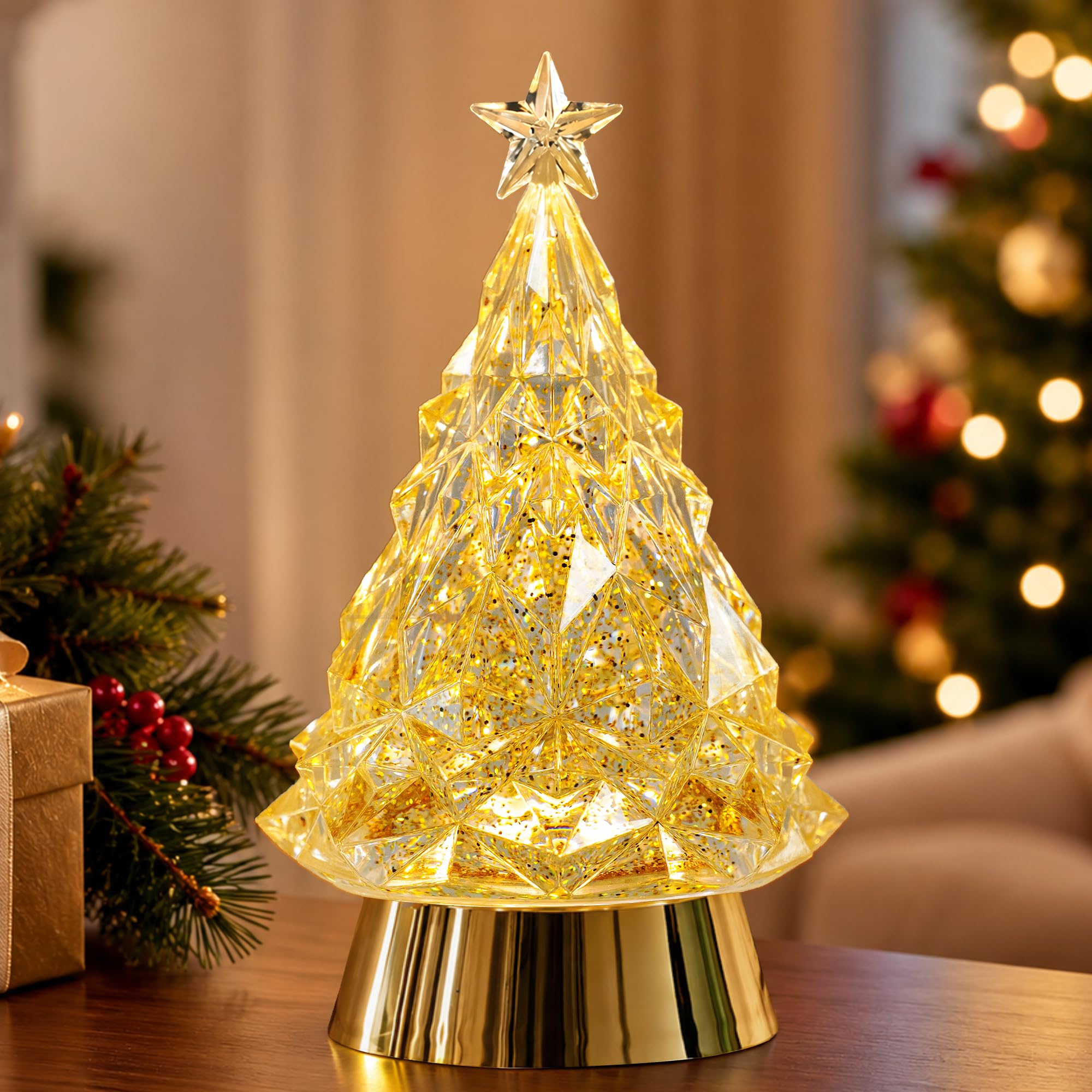 Christmas Tree Snow Globe with Lights, Lighted Crystal Acrylic Christmas Tree Decor with Star Top &amp; Gold Base, Warm LED Glitter Tabletop Snow Globe for Holiday Home Xmas Decorations Gifts
