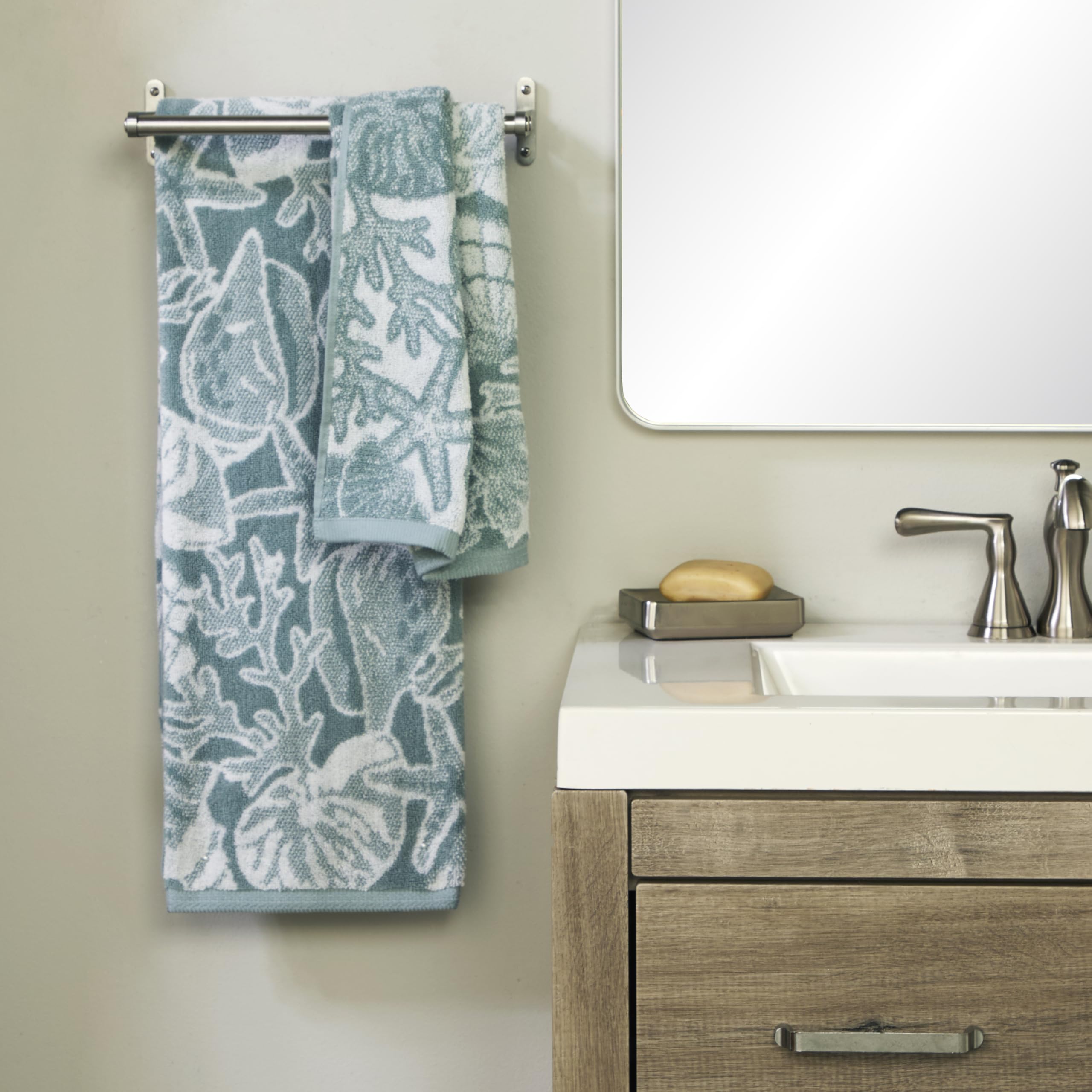SKL Home South Seas Shell - Set di 2 asciugamani in 100% cotone premium, 550 g/m², reversibile, in jacquard, morbidi e assorbenti, tropicale, costiero, spiaggia, resort, per bagno, cucina, bar e